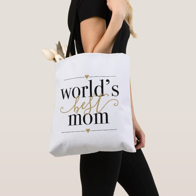 Worlds Best Mum Elegant Black and Gold Script Tote Bag (Close Up)