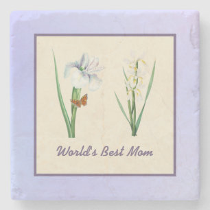 World's Best Mum Irises and Butterfly on Purple Stone Coaster