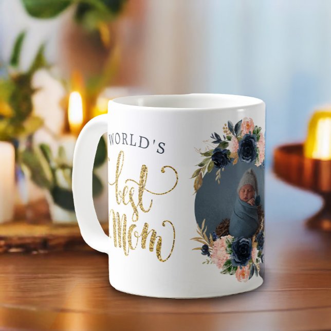 World's Best Mum Navy Pink Floral Botanical Photo Coffee Mug (Give your mom the world's best mom mug featuring a place for a photo with botanical floral)