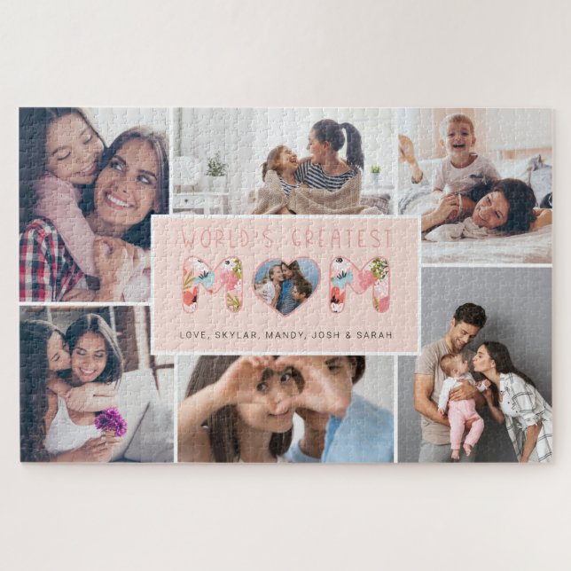 World's Best Mum Photo Collage & Floral Pattern Jigsaw Puzzle (Horizontal)