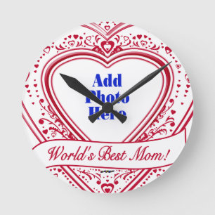 World's Best Mum! Photo Red Hearts Round Clock