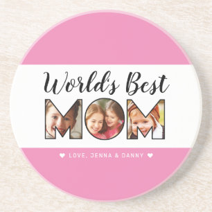 World's Best Mum Quote 3 Photo Collage Pink Coaster
