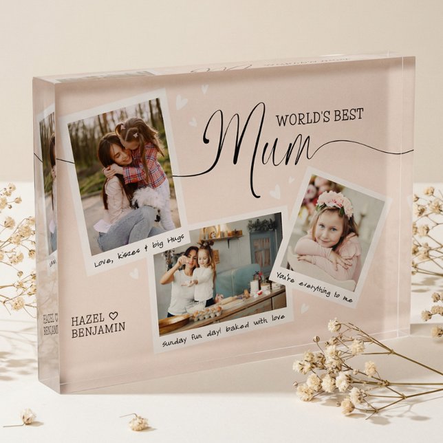 World's Best Mum Script Snapshot Mother's Day Pink Photo Block (World's Best Mom Script Photo Collage Mother's Day)