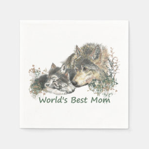 World's Best Mum Watercolor Wolf & Cub Nature Art Napkin