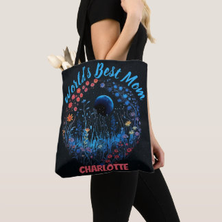 World's Best Mum Whimsical Wildflowers Boho Moon Tote Bag