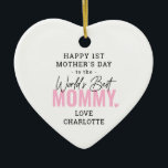 'Worlds Best Mummy' 1st Mother's Day Keepsake Ceramic Tree Decoration<br><div class="desc">Create your very own special first Mother's day keepsake gift with this cute photo ornament. Featuring the text 'Happy 1st Mother's Day to the World's Best Mummy' - Love from (ADD NAME) and a photograph of your choice on the reverse. PHOTO TIP - Crop photos ensuring that the subject is...</div>