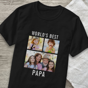 World's Best Papa 3 Photo Collage Text Black T-Shirt