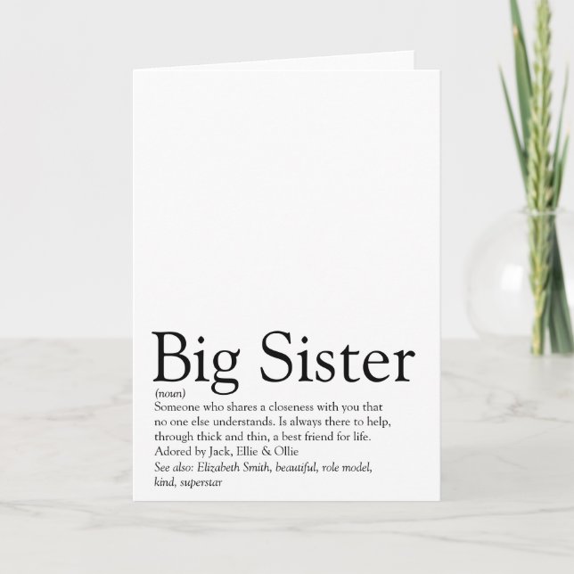 World's Best Sister Definition Black and White Card (Front)