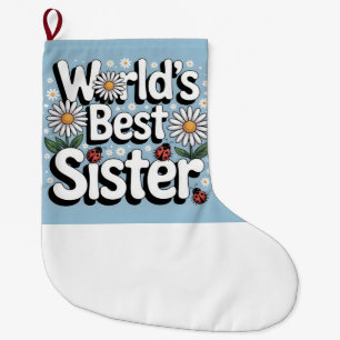 World's Best Sister Graphic: Retro Daisy & Ladybug Large Christmas Stocking