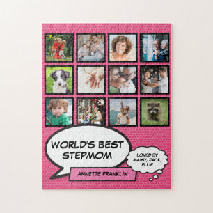 Worlds Best Stepmom 12 Photo Pink Modern Jigsaw Puzzle