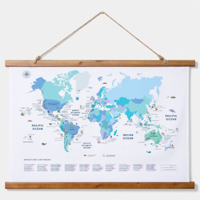 Worlds Best Surf Breaks Map Hanging Tapestry (Front)