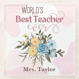 World's Best Teacher Ever Floral Personalised Glass Coaster