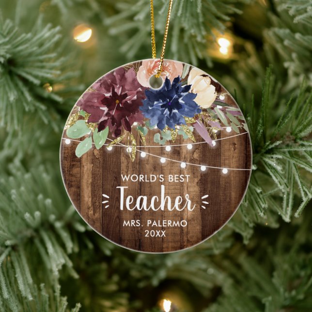 Worlds Best Teacher Personalised Barn Fairy Lights Ceramic Tree Decoration (Tree)