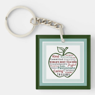 World's Best Teacher Typography Art Green Apple Key Ring