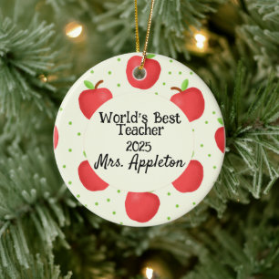 World's Best Teacher With Apple Accents custom Ceramic Tree Decoration