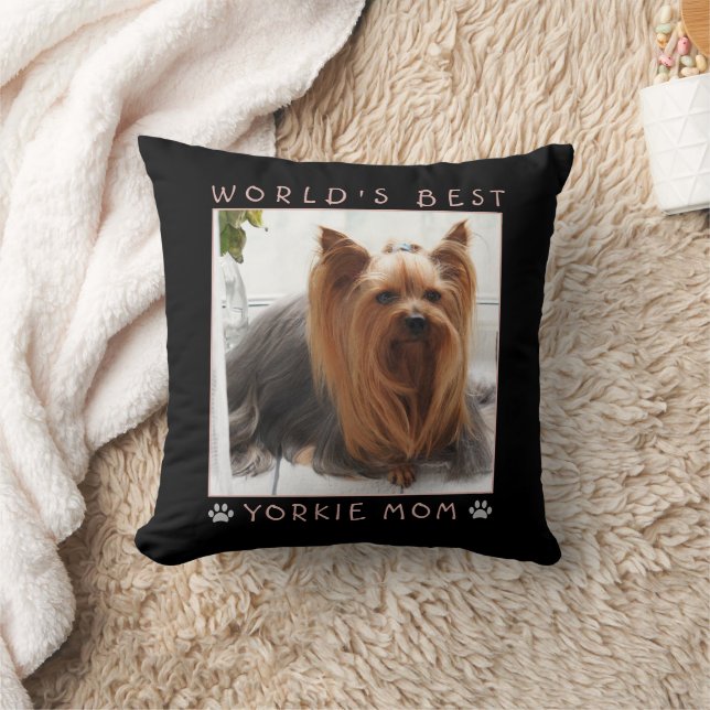 World's Best Yorkie Mum Pink Grey Paws Photo Cushion (Blanket)