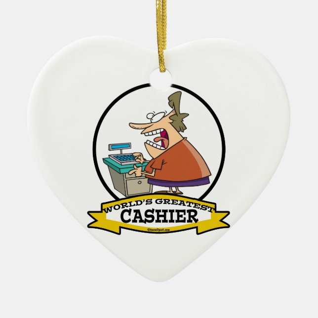 WORLDS GREATEST CASHIER WOMEN CARTOON CERAMIC TREE DECORATION (Front)