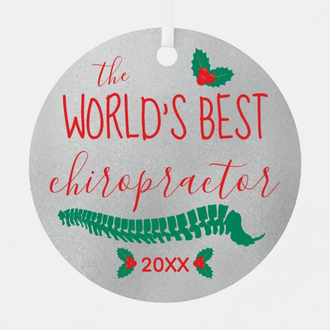 World's Greatest Chiropractor Holly & Spine Metal Tree Decoration (Front)
