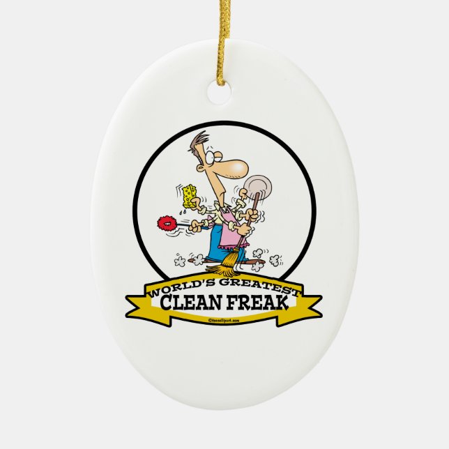 WORLDS GREATEST CLEAN FREAK MEN CARTOON CERAMIC TREE DECORATION (Front)