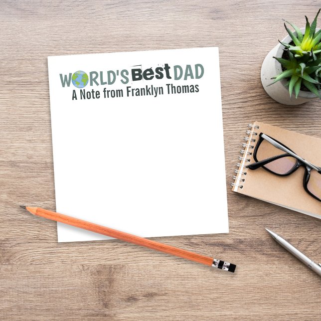 World's Greatest Dad Cute Planet Pesonalized Notepad (Personalized “World’s Best Dad” design with custom child’s name, shown in a clean workspace—perfect )