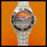 World's Greatest Dad, Fishing Boat, Name Wrist Watch<br><div class="desc">This wrist watch, with it's unique photo face and stainless steel strap, is a great gift for your Dad. The watch face is a dramatic sunset photo with a vivid orange sky and silhouette of a fishing boat. Text is "World's Greatest Dad!" and a name, but you can easily modify...</div>