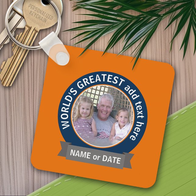 World's Greatest Dad Grandpa Photo orange blue Key Ring (Personalized keychain - add a photo and name)