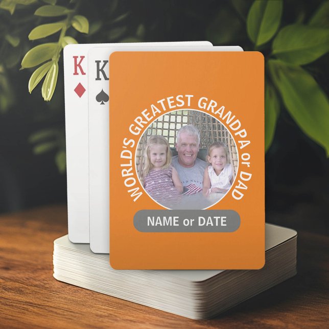 World's Greatest Dad Grandpa Photo orange grey Playing Cards (Custom Poker Cards for Dad)