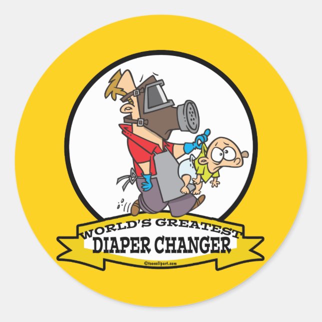 WORLDS GREATEST DIAPER CHANGER DAD CARTOON CLASSIC ROUND STICKER (Front)