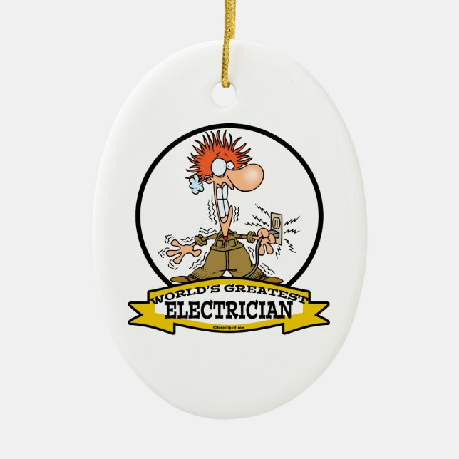 WORLDS GREATEST ELECTRICIAN MEN CARTOON CERAMIC TREE DECORATION (Front)