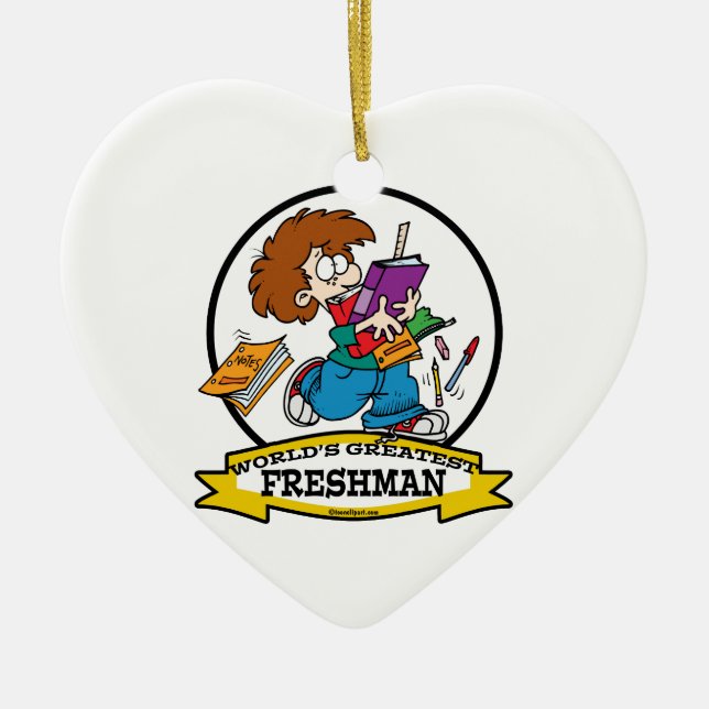 WORLDS GREATEST FRESHMAN BOY CARTOON CERAMIC TREE DECORATION (Front)