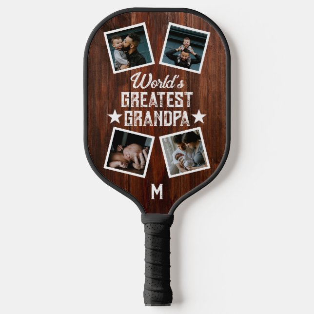 World's Greatest Grandpa Photo Collage Monogram Pickleball Paddle (Front)