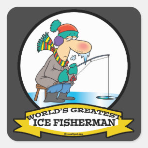 WORLDS GREATEST ICE FISHERMAN MEN CARTOON SQUARE STICKER