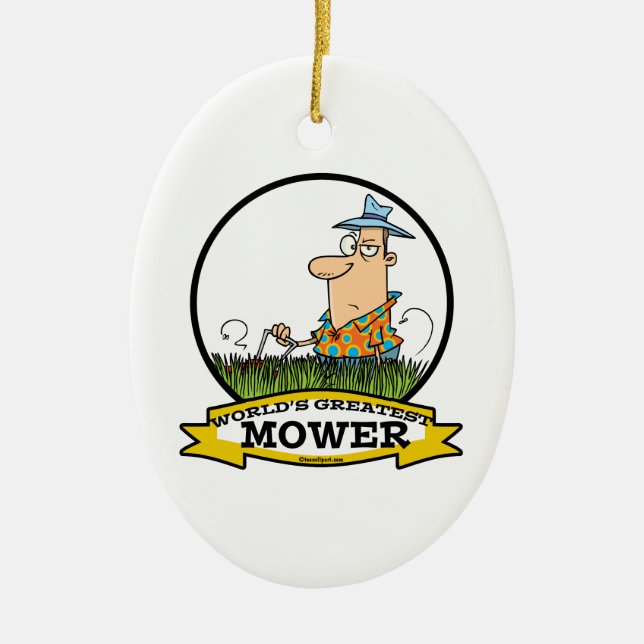 WORLDS GREATEST LAWN MOWER MEN CARTOON CERAMIC TREE DECORATION (Front)