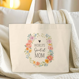 World's Greatest Mum Custom Quote Colourful Floral Large Tote Bag