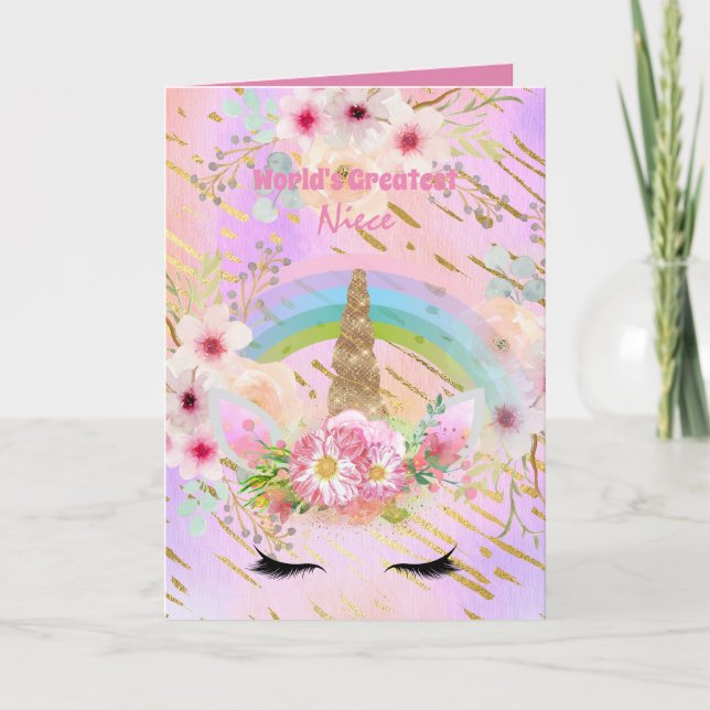 Worlds Greatest NIECE Unicorn Face Pink Gold Gifts Card (Front)