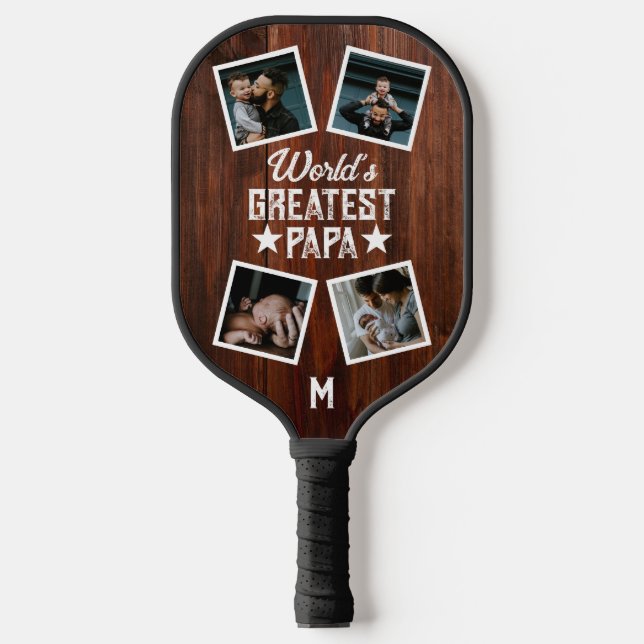 World's Greatest Papa Photo Collage Monogram Wood Pickleball Paddle (Front)