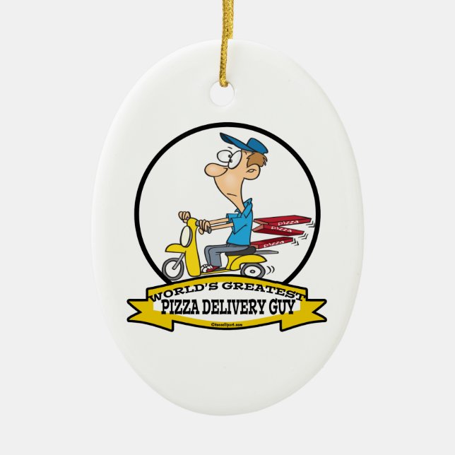 WORLDS GREATEST PIZZA DELIVERY GUY CARTOON CERAMIC TREE DECORATION (Front)