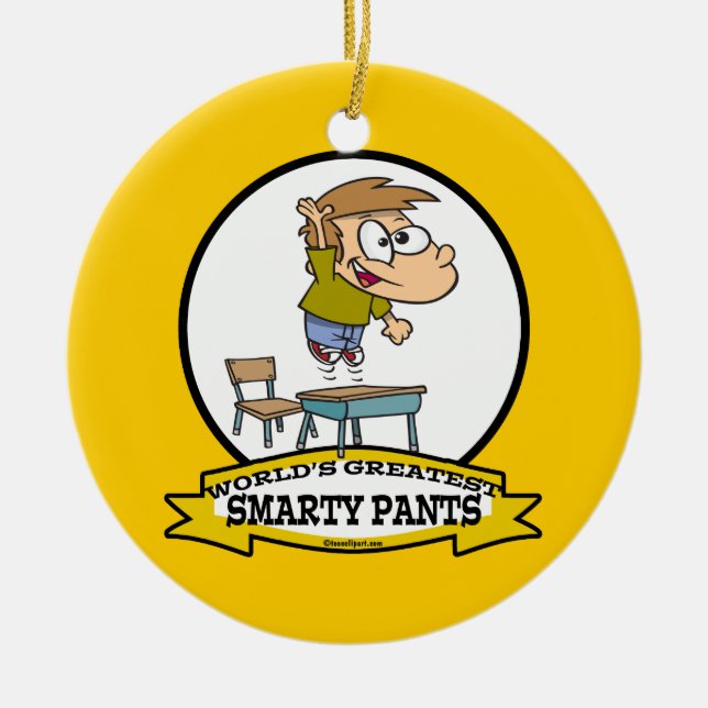 WORLDS GREATEST SMARTY PANTS BOY CARTOON CERAMIC TREE DECORATION (Front)