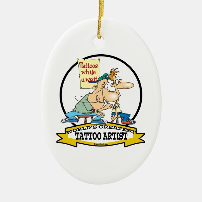 WORLDS GREATEST TATTOO ARTIST CARTOON CERAMIC TREE DECORATION (Front)