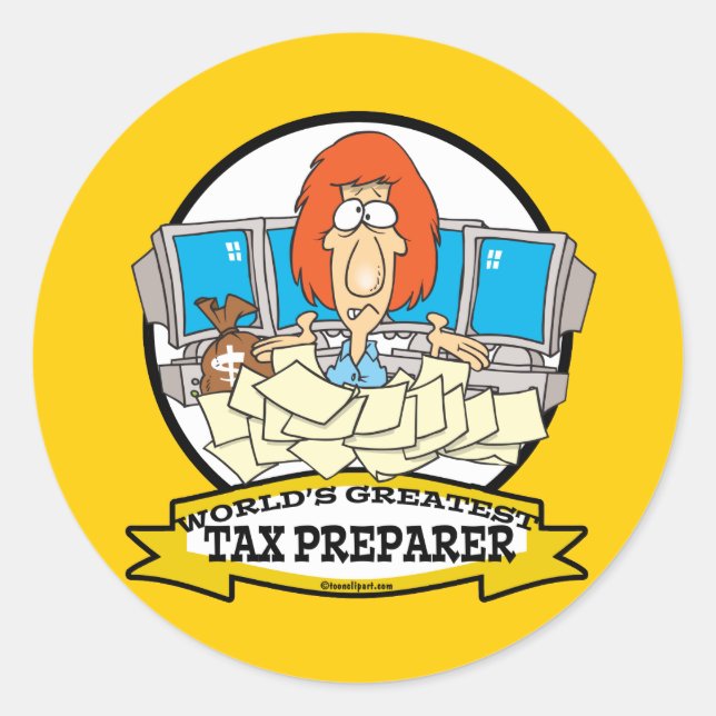 WORLDS GREATEST TAX PREPARER CARTOON CLASSIC ROUND STICKER (Front)