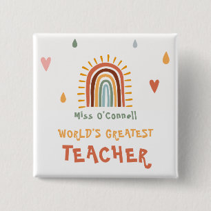 World's Greatest Teacher Gift Boho Rainbow 15 Cm Square Badge