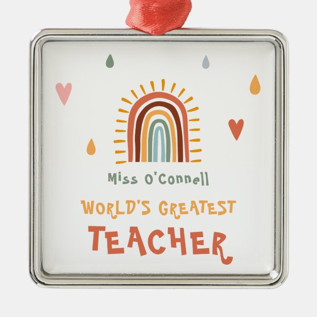 World's Greatest Teacher Gift Boho Rainbow Metal Tree Decoration (Front)
