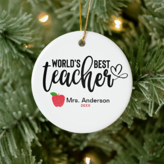 Worlds Greatest Teacher Glitter Apple Personalised Ceramic Tree Decoration