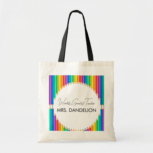Worlds Greatest Teacher Rainbow Crayons School Tote Bag (Front)