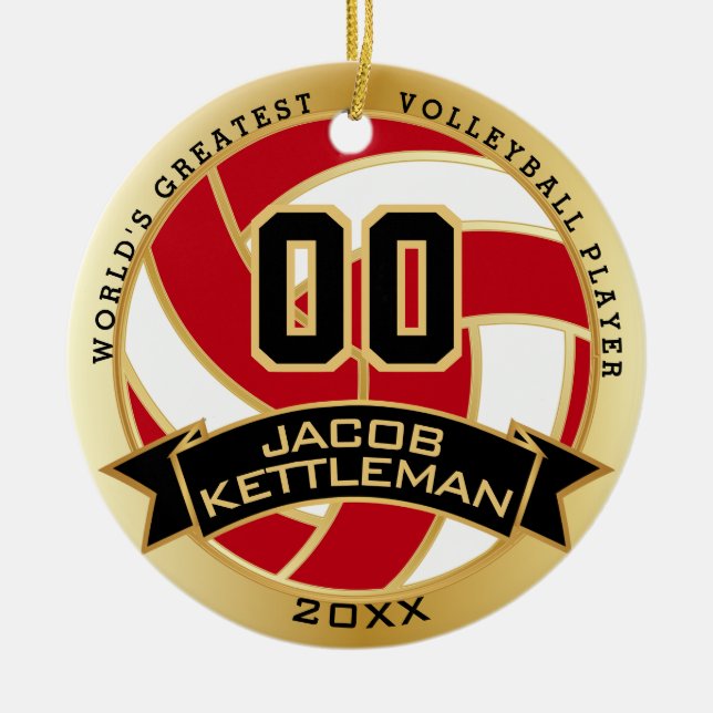 World's Greatest Volleyball Player Red and Gold Ceramic Tree Decoration (Front)