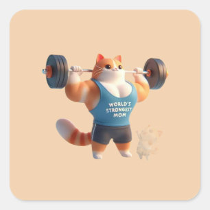 World's Strongest Mom Cute Gym Cat Keychain Square Sticker