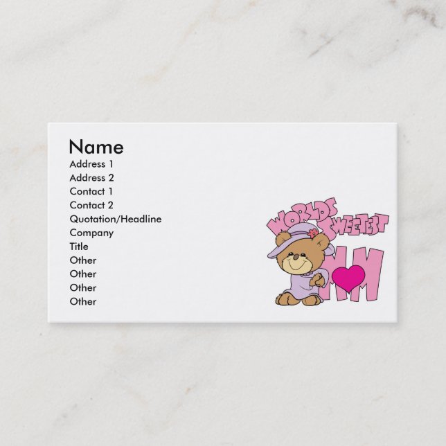 worlds sweetest mum teddy bear design calling card (Front)