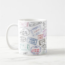 Worldwide passport stamps on a mug