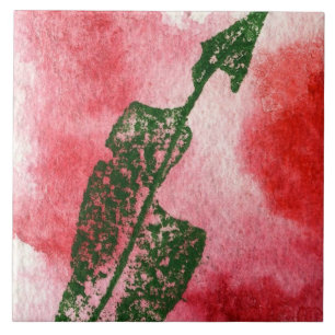 Worm eaten wild cherry leaf print in green on red tile