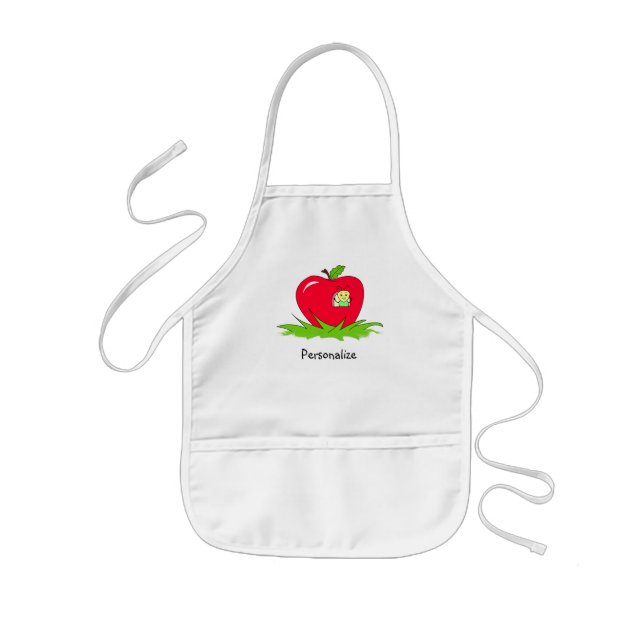 Worm In Red Apple With Name Kids Apron (Front)